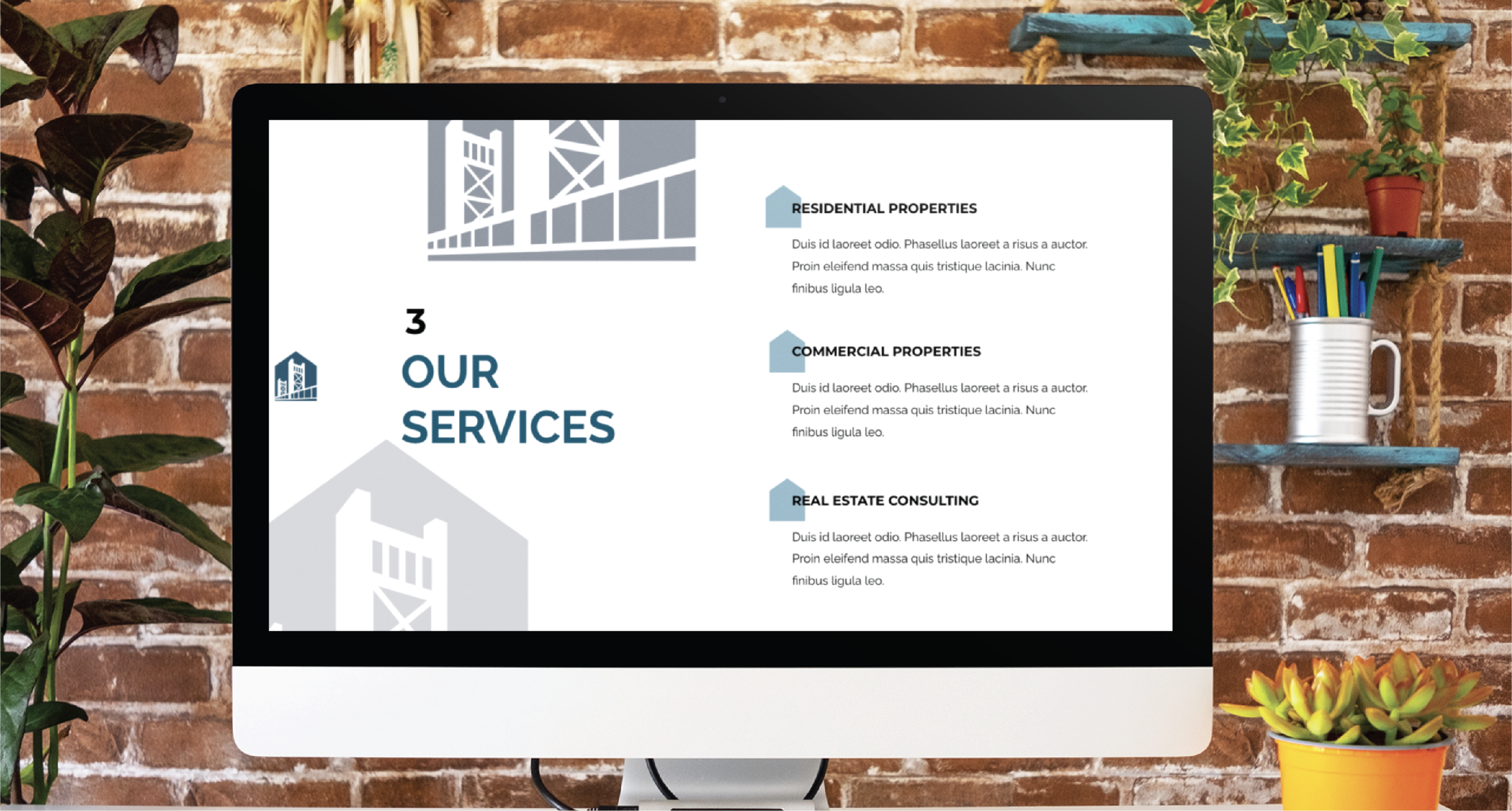 A computer monitor displays a real estate service page with the heading OUR SERVICES and sections for residential properties, commercial properties, and real estate consulting. The screen features gray building graphics, ideal for California Realtors creating social graphics.