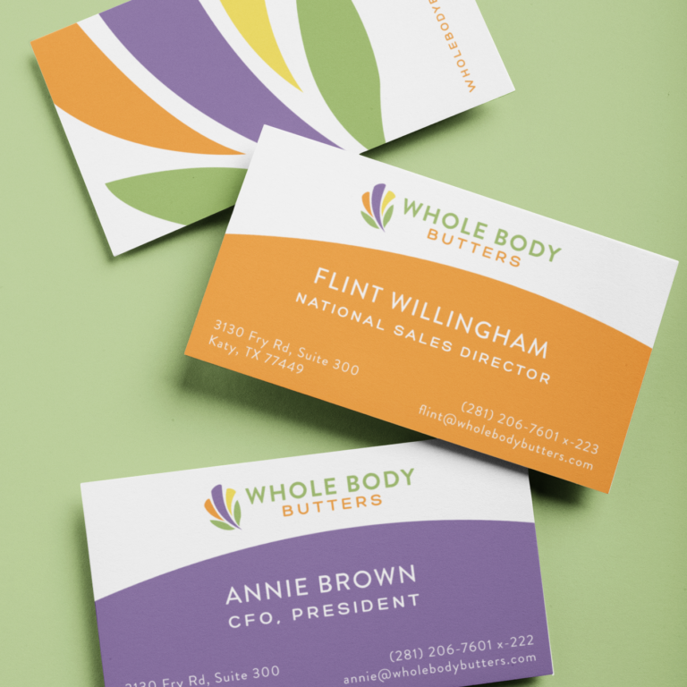 Three business cards for Whole Body Butters are shown on a green background. The cards feature colorful leaf designs and custom print design details, with names, titles, contact info, and branding in orange, green, and purple hues.