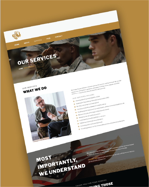 A website page displays the Our Services section, featuring images of military personnel, a counselor with a client, and a person holding an American flag. The Texas-inspired layout uses brown, white, and gold tones to highlight custom website design.