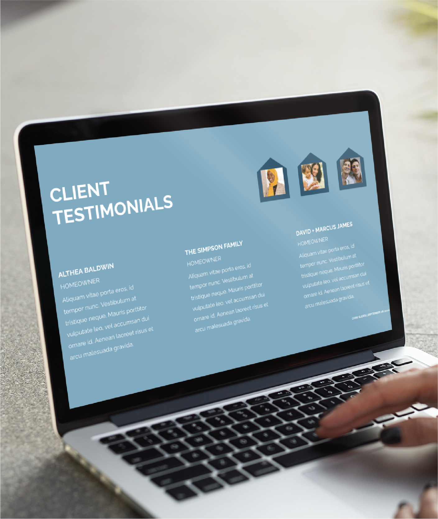 A person using a laptop displays a slide titled Client Testimonials with three sections—each showing a portrait, name, and text—set against a blue background. Perfect for California realtors creating engaging social graphics.