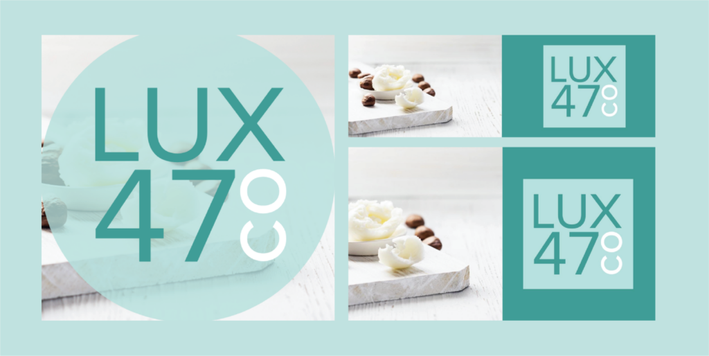 A graphic for Realtors in California features the text LUX 47° in large teal letters, displayed across multiple sections with images of a marble tray holding white flowers and brown stones on a light background—perfect for social graphics.