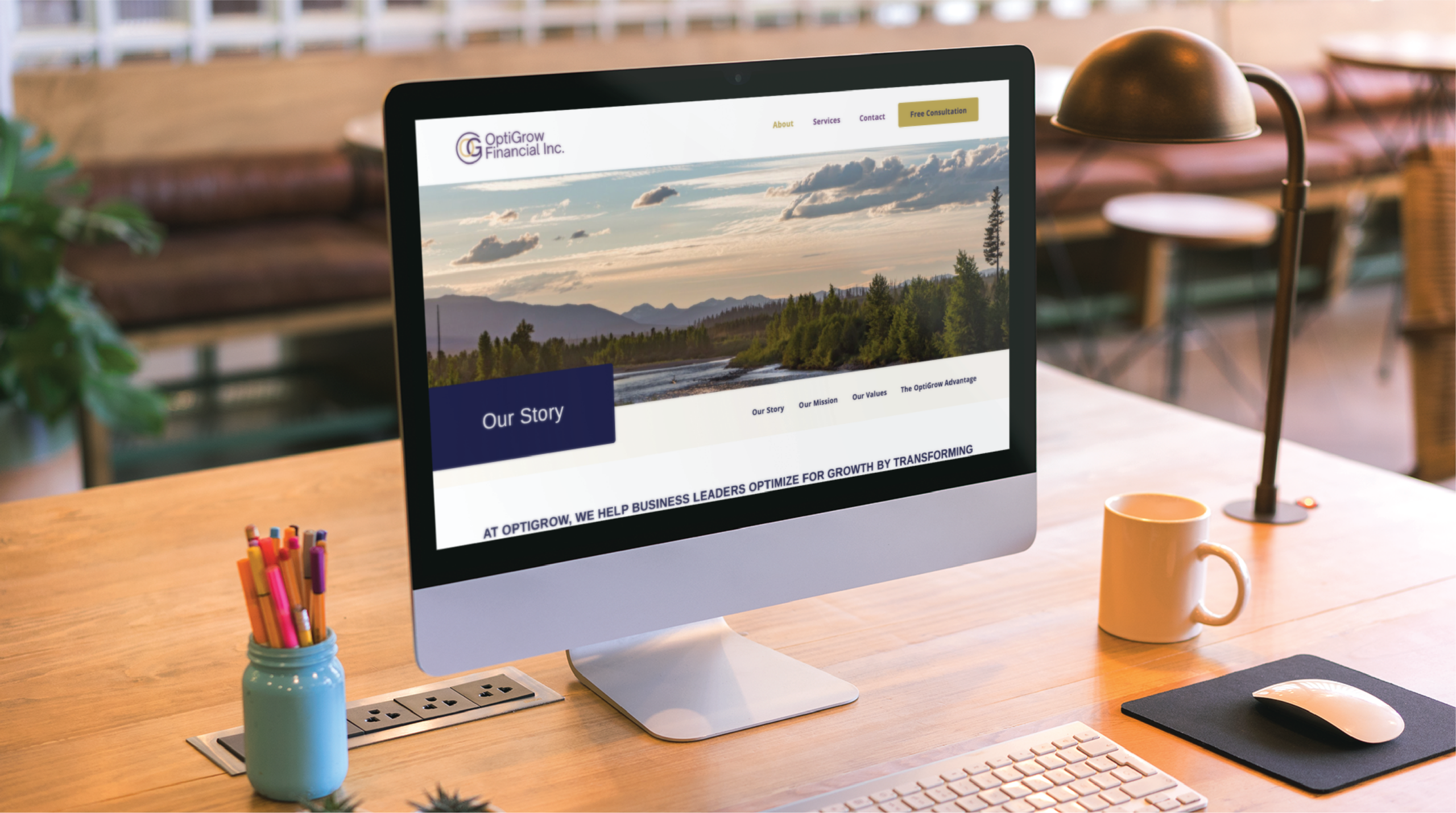 Desktop iMac displaying OptiGrow Financial Inc. website with a landscape hero image and an'Our Story' panel.