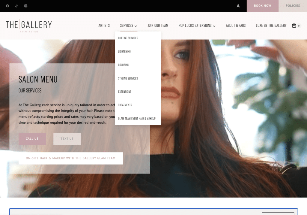 A woman with long, straight auburn hair sits in a salon chair while a stylist works behind her. A hair salon website menu overlays the image, displaying service categories under the Services tab to help reduce no-shows and booking mistakes.