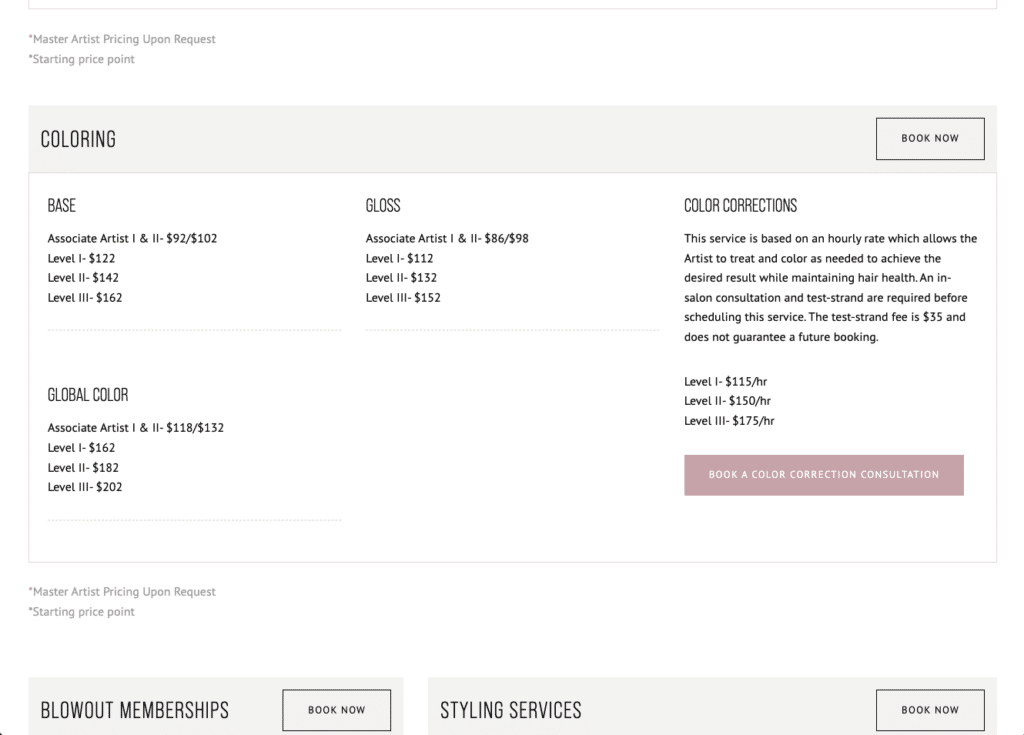 Pricing table for coloring services with Base, Gloss, Color Corrections and Global Color columns and a Book Now button on the right.
