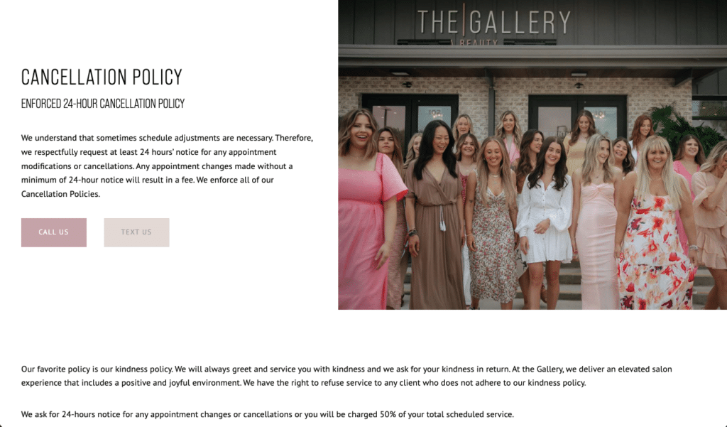 A group of smiling women stand together outside a brick building with THE GALLERY sign above the entrance, featured on a hair salon website. Two buttons labeled CALL US and TEXT US help reduce no-shows and booking mistakes, with the cancellation policy below.