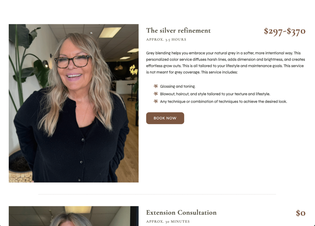 A smiling woman with long, wavy, gray-blonde hair and glasses stands in a salon, wearing a black top. Text beside her highlights a silver refinement hair service with pricing on the hair salon website and a Book Now button to reduce no-shows.