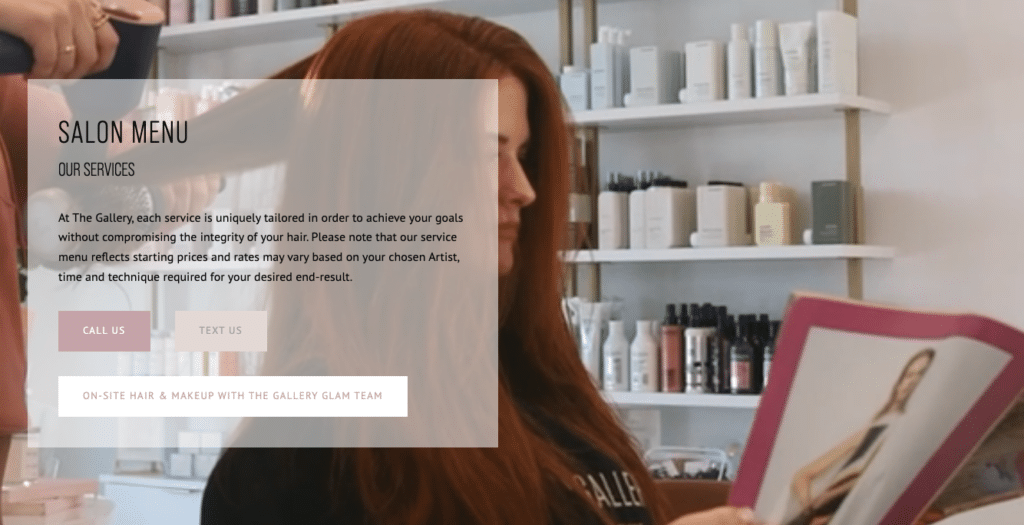 Hero overlay in a hair salon:'SALON MENU' with 'OUR SERVICES', descriptive text, 'CALL US' and 'TEXT US' buttons, and a white badge about on-site hair & makeup with the Gallery Glam Team, against a stylist at work.