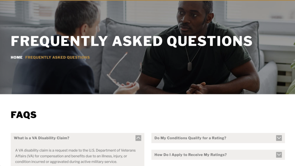 20260713-Website-FAQ-bold | Moonlit Media LLC Two men sit and talk on a couch, with the heading Frequently Asked Questions above sections on VA disability claims and rating qualifications—mirroring the clear, approachable format often found in Small Business Website FAQs or guides for boosting Small Business SEO.