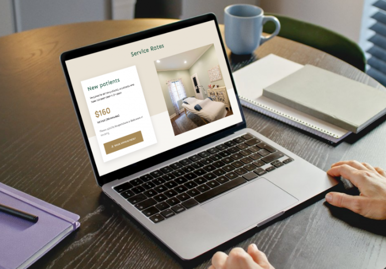 Laptop on a desk showing a 'Service Rates' page for new patients with a photo of a clinic room beside the flyer.