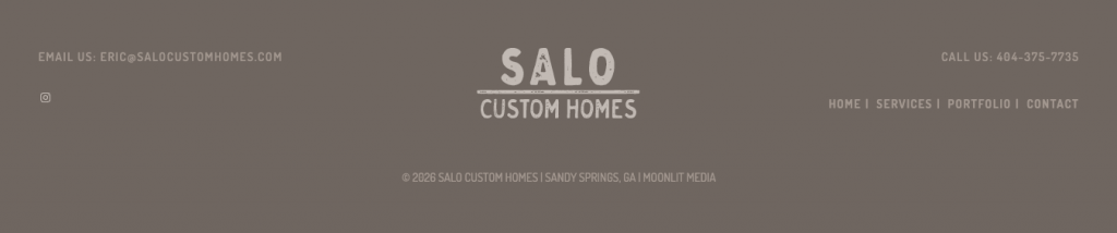 SALO Custom Homes logo on a brown background, featuring a well-designed website footer with contact info, email, and social links on the left and right for enhanced website improvement, and customer resource details with copyright text at the bottom center.