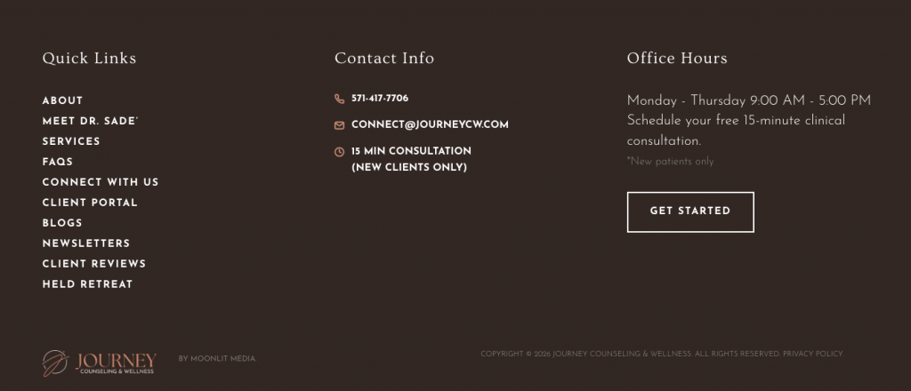 A modern website footer section featuring contact info, office hours, quick links, and a prominent “Get Started” button for Journey Counseling & Wellness. Designed as a customer resource with a dark background and white text for optimal website optimization and accessibility.