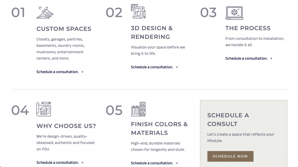 Six service steps are shown on this small business website: Custom Spaces, 3D Design & Rendering, The Process, Why Choose Us?, Finish Colors & Materials, and Schedule a Consult. Each step features a brief description along with an icon above the text, making it easy for visitors to navigate and explore options—plus you can conveniently show prices to help clients make informed decisions.