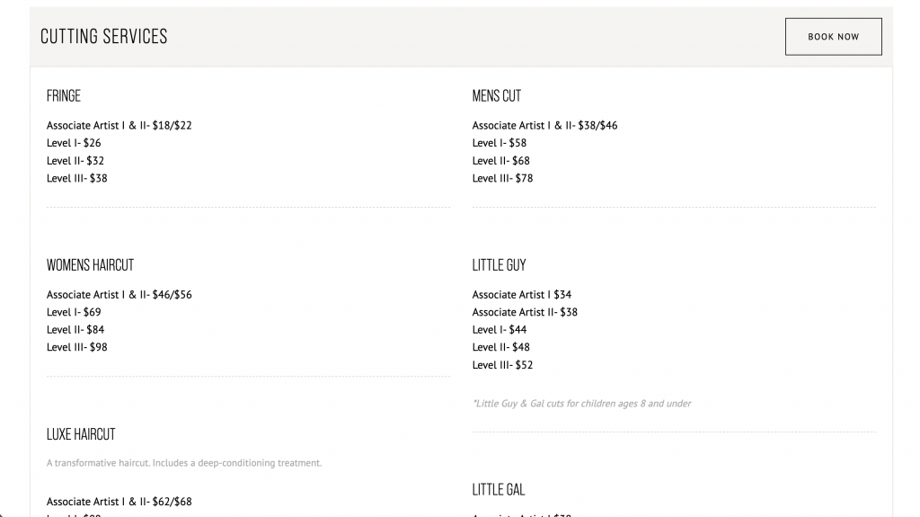 Price menu for cutting services with two columns: Fringe, Mens Cut, Womens Haircut, Little Guy, Luxe Haircut and tiered prices.