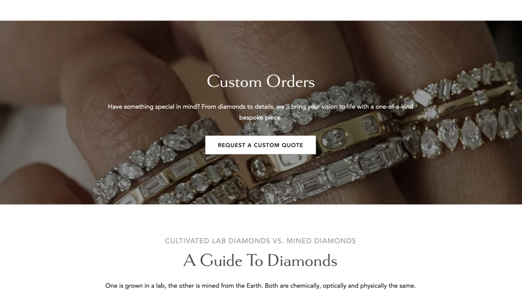 Close-up of a hand wearing several diamond rings, showcasing various shapes and settings. Text reads, Custom Orders, with a button for requesting a custom quote and information about lab-grown versus mined diamonds below—perfect for those visiting our small business website. Discover our transparent pricing strategy as you explore your options; we’re happy to show prices upon request.