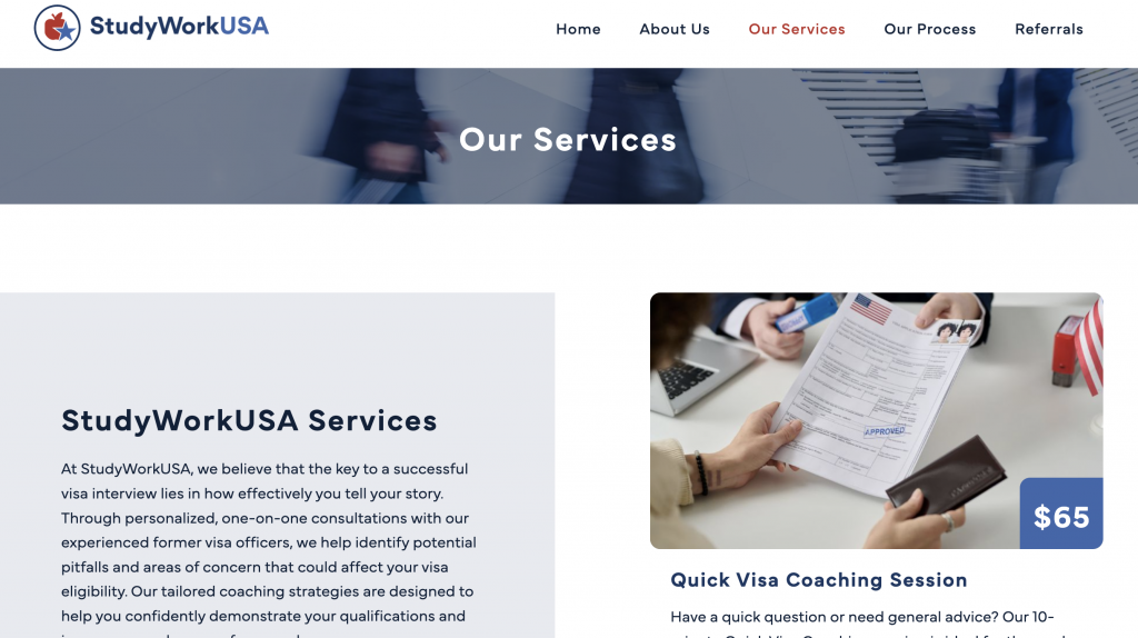 Screenshot of the Our Services page from StudyWorkUSA’s small business website, showing service details, a photo of a visa consultation, and a clearly displayed  Quick Visa Coaching Session offer to display pricing transparently. Navigation menu is visible at the top.