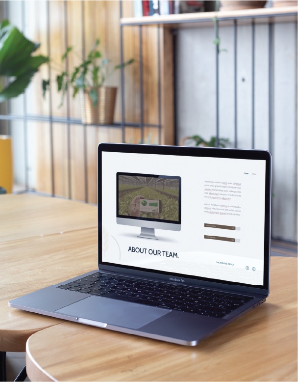 A MacBook Pro on a wooden table displays a Women’s Life Coach website’s About Our Team page. The background features shelves, plants, and a slatted wall with natural light, evoking the fresh and creative atmosphere of a California workspace known for its inspiring social media design.