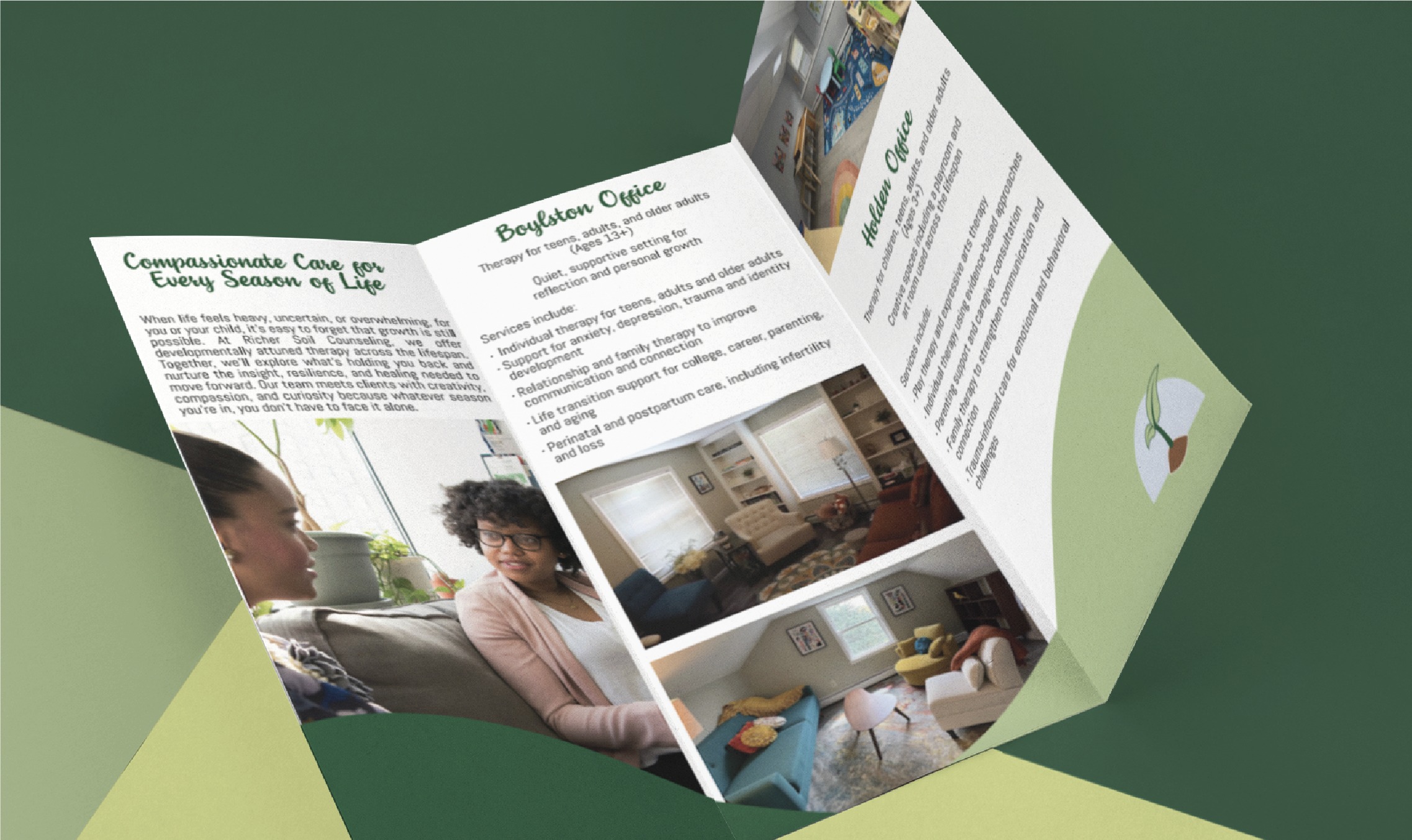 A trifold brochure on therapy services, showing photos of two people talking, cozy office spaces, and written information about compassionate counseling and office locations in California. The brochure uses green and white colors, featuring a thoughtful stationery design that reflects professionalism and care.