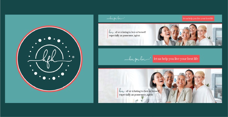 A teal graphic logo with white script and dots, next to two banners showing diverse women smiling together, with the text “lex: of or relating to her or herself” and “let us help you live your best life” in red and white. Perfect for a skincare brand in Pennsylvania looking for engaging social media design that celebrates community and self-care.