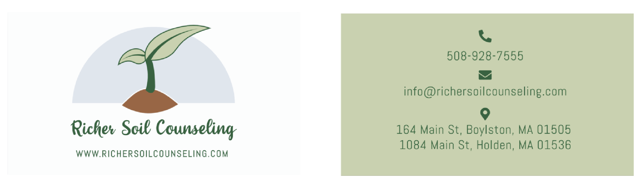 custom business card design for counseling services | Moonlit Media LLC Business card for Richer Soil Counseling. Left: logo with a sprouting plant. Right: contact info—phone, email, and two addresses on a green background. Ideal for California-based professionals seeking thoughtful stationery design or sports performance coaching services.