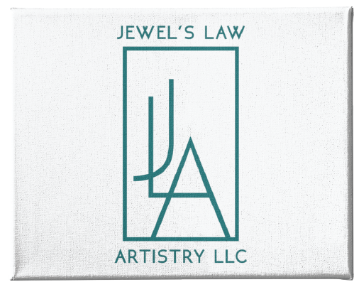 A minimalist logo design with JEWELS LAW at the top, stylized letters JLA inside a rectangle, and ARTISTRY LLC at the bottom, all in teal on a white background—perfectly suited for a children’s therapist or professional practice in Virginia.