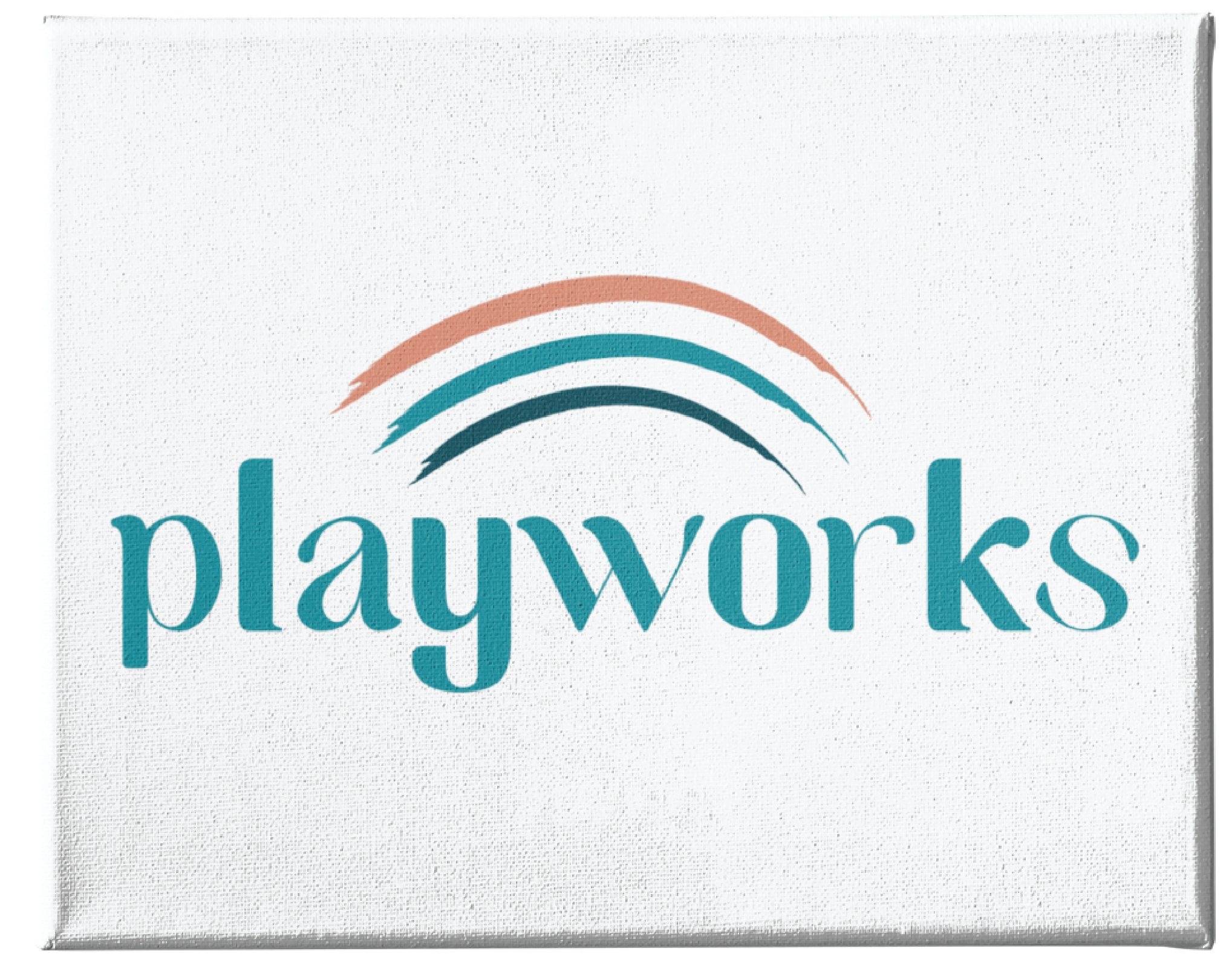 The image shows the word playworks in teal blue font, with three curved lines—peach, teal, and dark blue—arching above it on a white background. This custom logo design would be perfect for a Virginia children’s therapist seeking a playful and professional look.