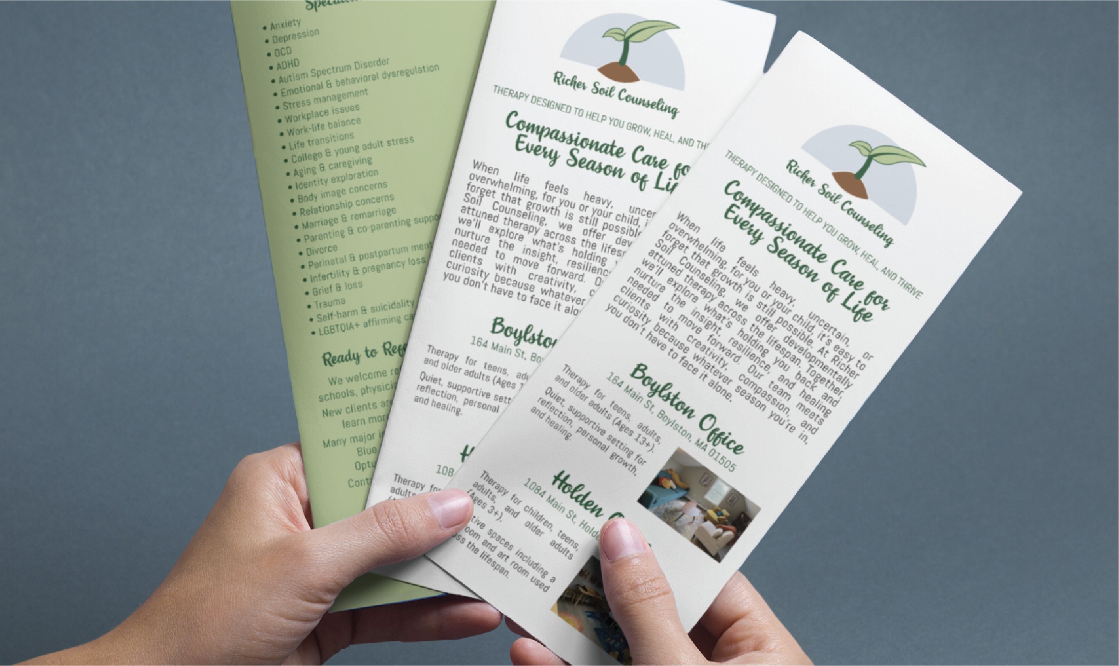 A person holds three counseling service brochures, featuring thoughtfully crafted stationery design, showcasing text about compassionate care, office locations throughout California, and small images of therapy scenes, against a gray background.