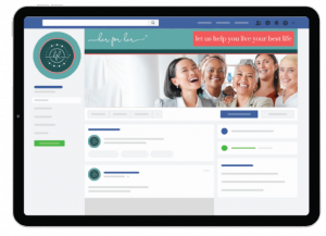 Tablet screen displaying a Facebook page for a Pennsylvania skincare brand, with a banner showing five smiling women. The banner text reads, let us help you live your best life. The page features professional social media design with profile and cover photos and sample posts.