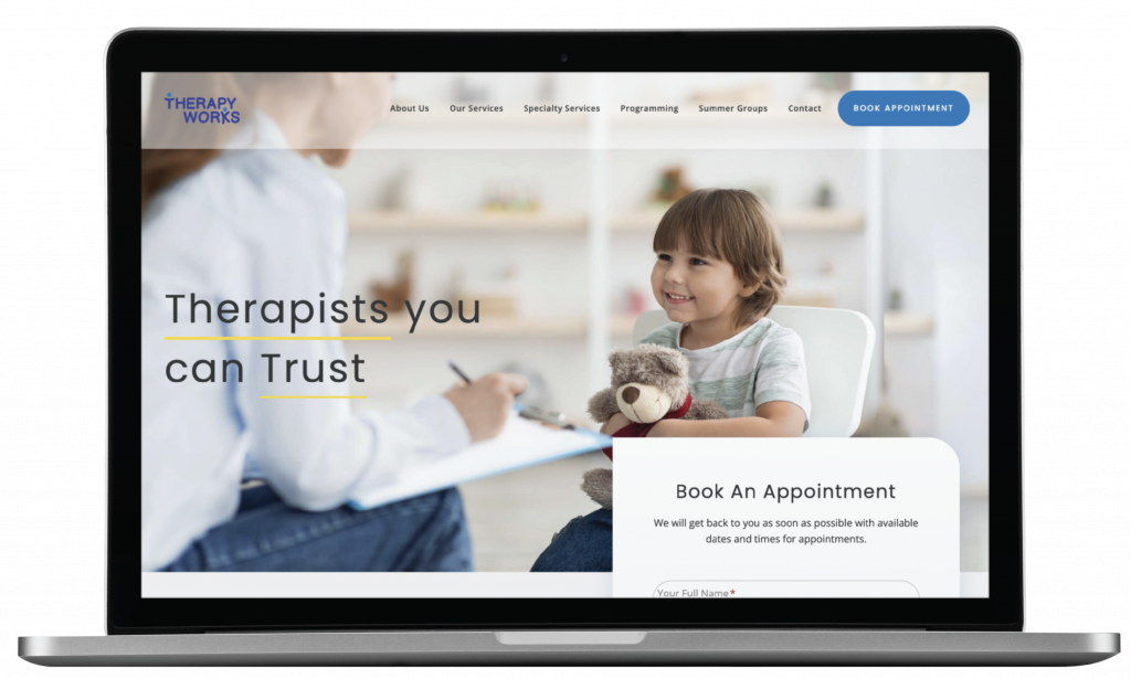 custom website design for speech therapists | Moonlit Media LLC A laptop screen shows a beautifully crafted website with a smiling child holding a teddy bear while talking to a therapist. The text reads Therapists you can Trust, highlighting specialized Youth Therapy in Pennsylvania, and there is a form to book an appointment.