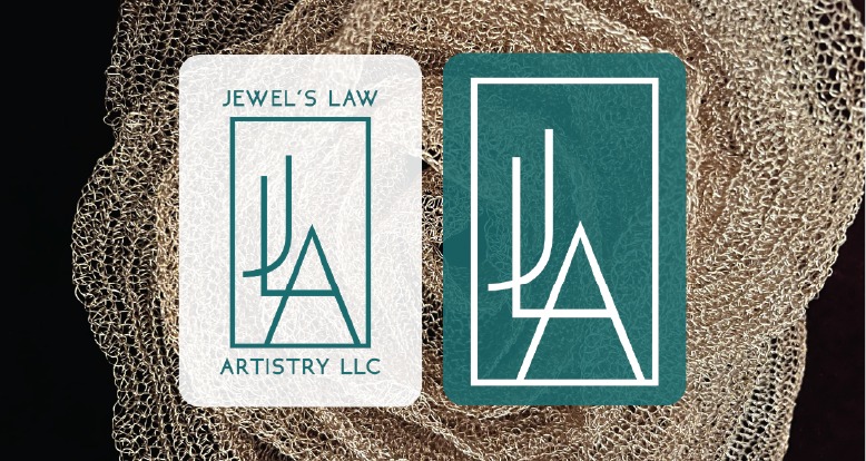 Two business cards display a teal geometric logo design with “Jewel’s Law Artistry LLC” on a textured, gold mesh background. One card is white, the other is teal with white accents—perfect for professionals such as a children's therapist in Virginia seeking an elegant and memorable brand identity.