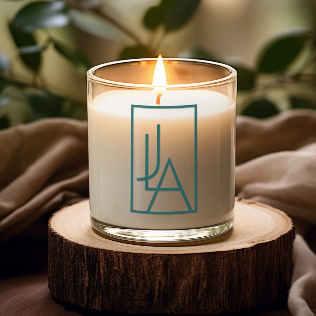 A lit white candle in a glass jar with a custom logo design in blue geometric style sits on a wooden coaster, surrounded by beige fabric and green leaves in the background.