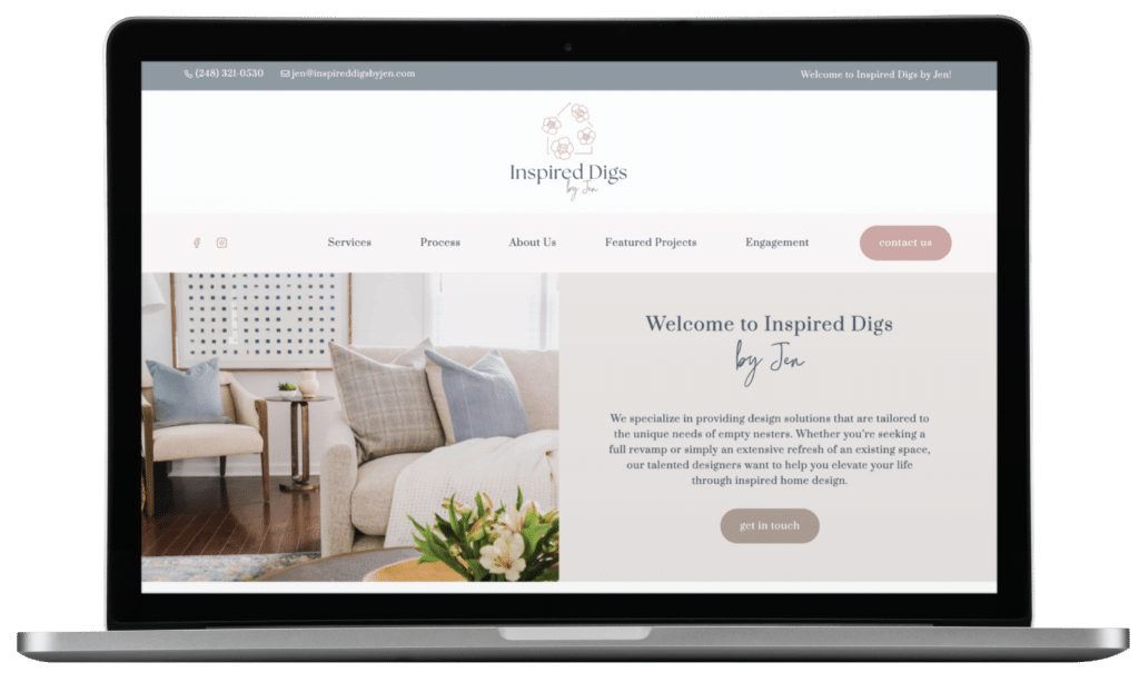 A laptop displays the Inspired Digs by Jen website, showcasing a neutral-toned living room, a navigation menu, and a welcome message about tailored interior design services in Texas. A pink “contact us” button is visible on this elegant web design.