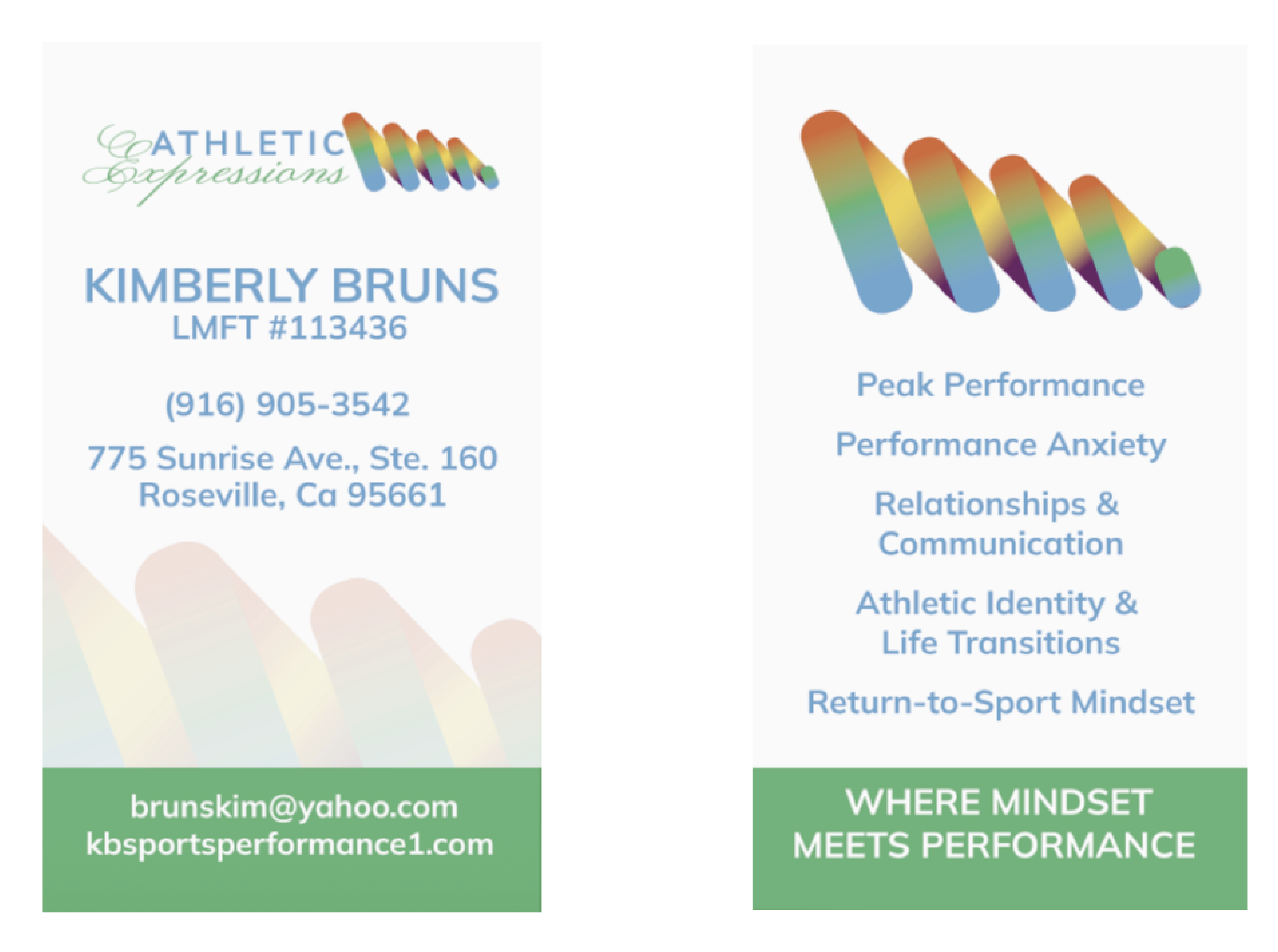 professional print graphic design | Moonlit Media LLC Two business cards for Athletic Expressions, featuring Kimberly Bruns, LMFT. Contact info on the left; specialty areas like peak performance and anxiety listed on the right. Both cards have a colorful wavy logo and showcase a professional stationery design inspired by sports performance coaching in California.