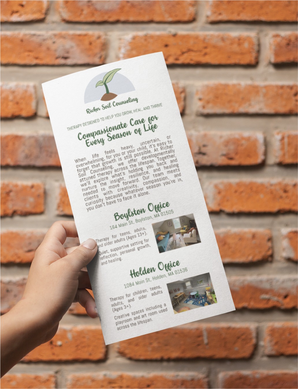 A hand holds a flyer for Richter Soil Counseling, featuring thoughtfully designed stationery and listing office locations in Boylston and Holden, MA, with small images of each office and text about compassionate care for every season of life. The flyer’s clean stationery design reflects the clarity and support that extends from counseling services to specialized offerings like sports performance coaching.