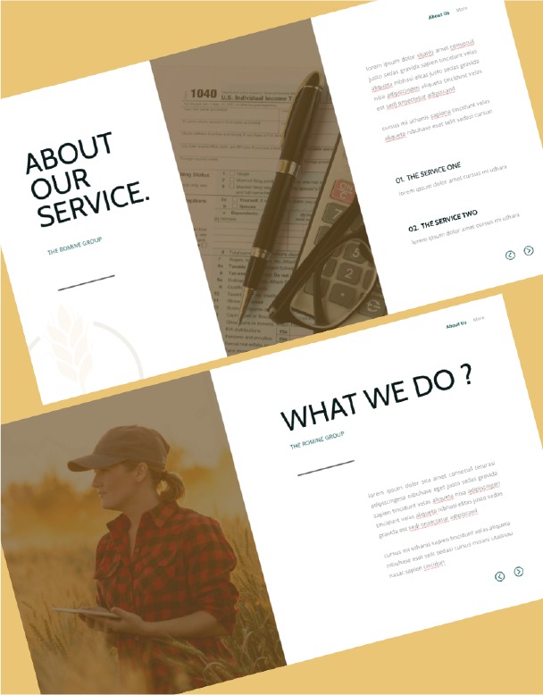 Two brochure pages: the top shows About Our Service with a photo of tax forms, glasses, and a pen; the bottom highlights What We Do? featuring a California Women’s Life Coach standing in a field wearing a hat and plaid shirt, with text descriptions on both sides.