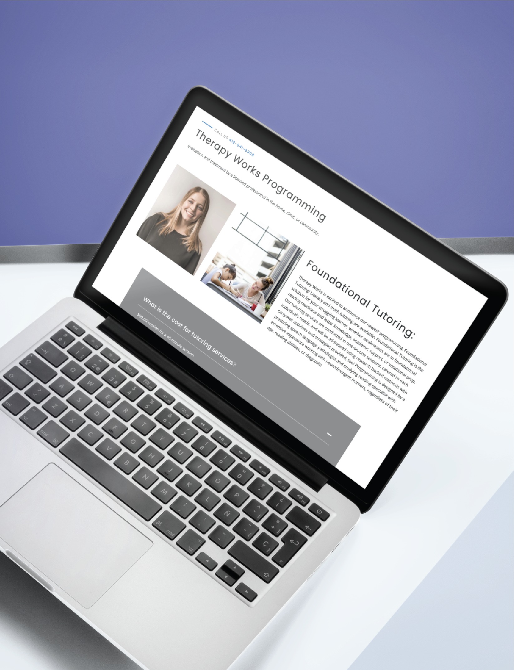 A laptop on a white desk displays a website titled Therapy Works Programming with images of a woman and a classroom, along with text about foundational tutoring. The background is purple, highlighting thoughtful website design that supports youth therapy initiatives in Pennsylvania.