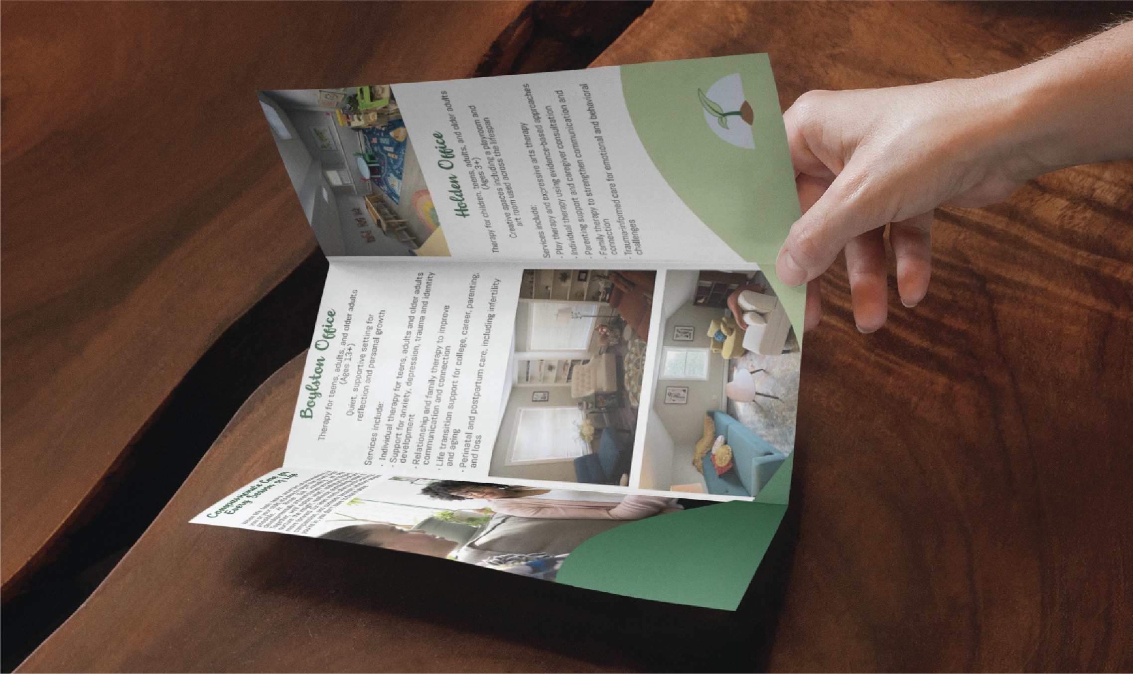A hand holds an open brochure on a wooden table, showing interior photos of a wellness or healthcare office in California, text descriptions, and green design elements inspired by sports performance coaching and modern stationery design.