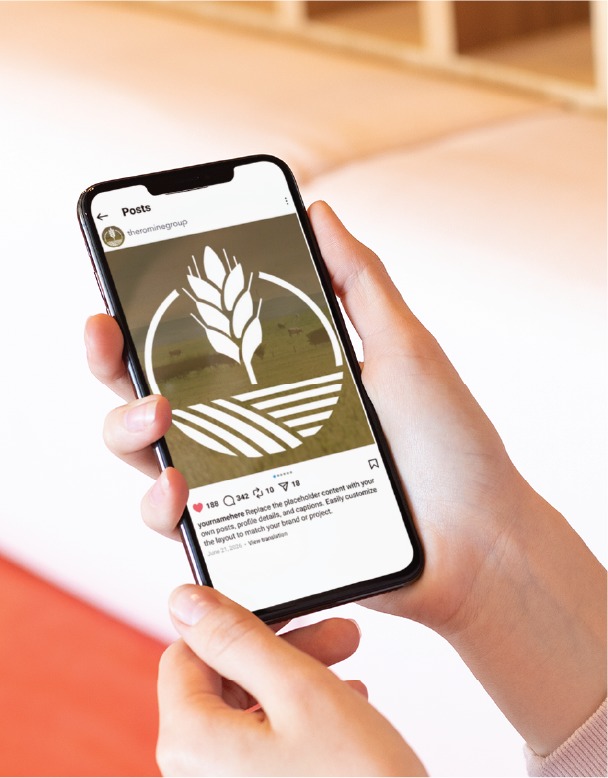 A person holds a smartphone displaying a social media post with a white wheat logo over a brown background, including likes, comments, and a short description under the image—showcasing thoughtful Social Media Design inspired by California’s vibrant coaching community and dedicated to empowering women’s life coaches.