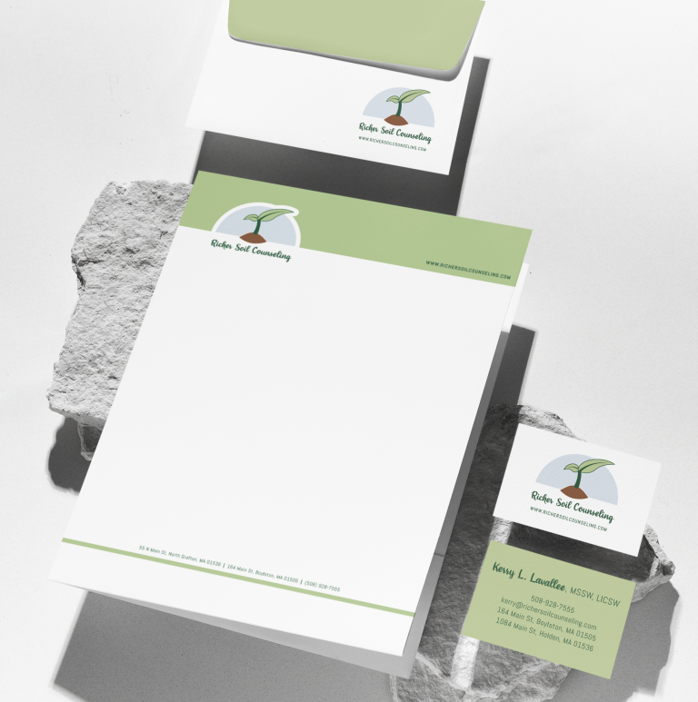 A branded letterhead, envelope, and business card for Robin Seal Counseling, featuring a green and blue logo with a stylized bird and leaf. This California-inspired stationery design is arranged on light stone and a white surface.