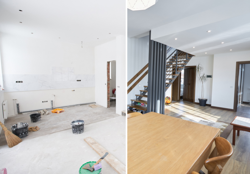 Side-by-side comparison of a room under renovation with tools and debris, and the same space finished, featuring a wooden dining table, stairs, and modern decor—perfect before-and-after photos to add to your website.