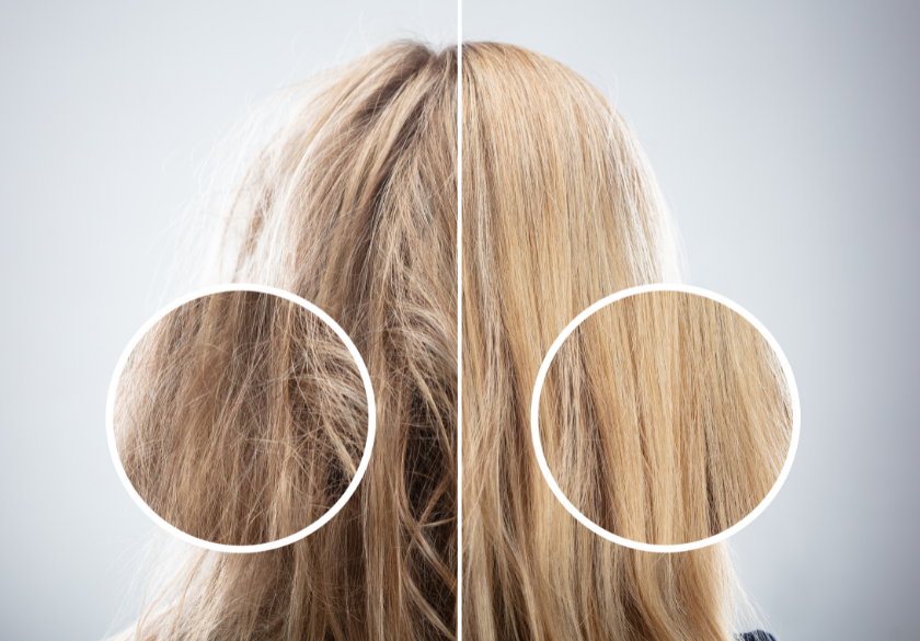 A close-up of the back of a woman’s head shows a split image: the left side highlights frizzy, tangled hair, while the right side highlights smooth, straight hair. White circles emphasize the difference, making for striking before-and-after photos ideal for any website or SEO-driven campaign.