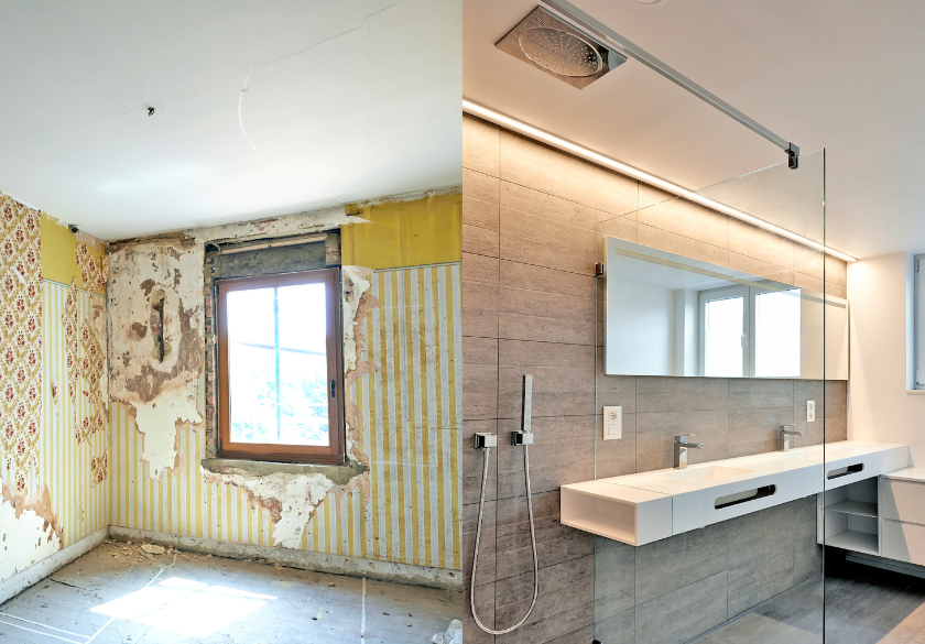 Side-by-side comparison of a neglected, damaged room with peeling wallpaper and a modern, renovated bathroom with a large mirror, tiled walls, and double sinks—perfect for adding striking before-and-after photos to your website.