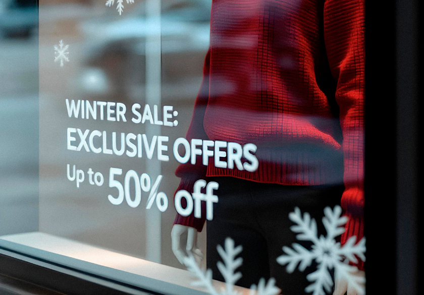 Store window displays Winter Sale: Exclusive Offers Up to 50% off in white text, with snowflake designs. Designed as part of our holiday marketing for Q4, a mannequin wearing a red sweater stands behind the glass.