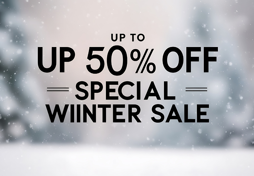 Text on a snowy winter background reads: Up to 50% off special winter sale—perfect for boosting your Q4 holiday marketing or updating your small business website this season.