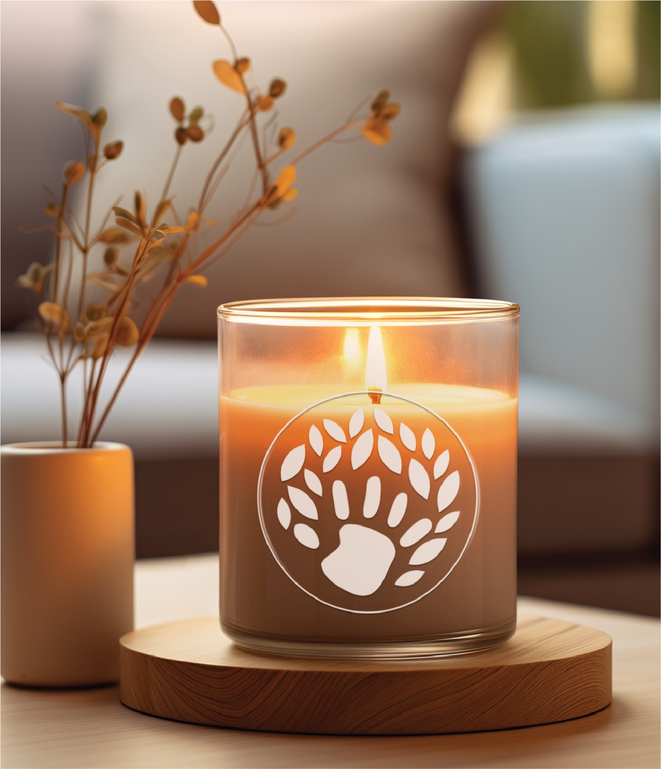 A lit candle in a glass holder featuring a bear paw and leaves design, reminiscent of a thoughtful logo design, placed on a wooden tray beside a small vase of dried plants in a cozy living room setting—perfect for creating a calming atmosphere for a children’s therapist in Virginia.