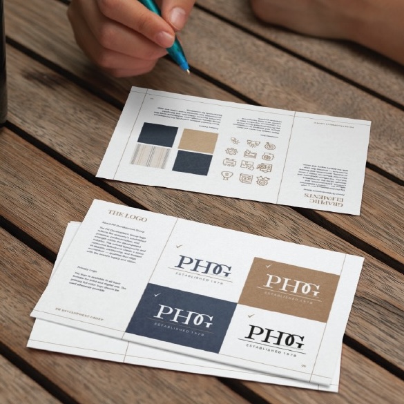 Two hands hold papers on a wooden table; one hand writes. The papers display logo designs, color swatches, and icon sketches for a brand called PHOI, with a focus on stationery design concepts that blend Ohio-inspired motifs and graphics.