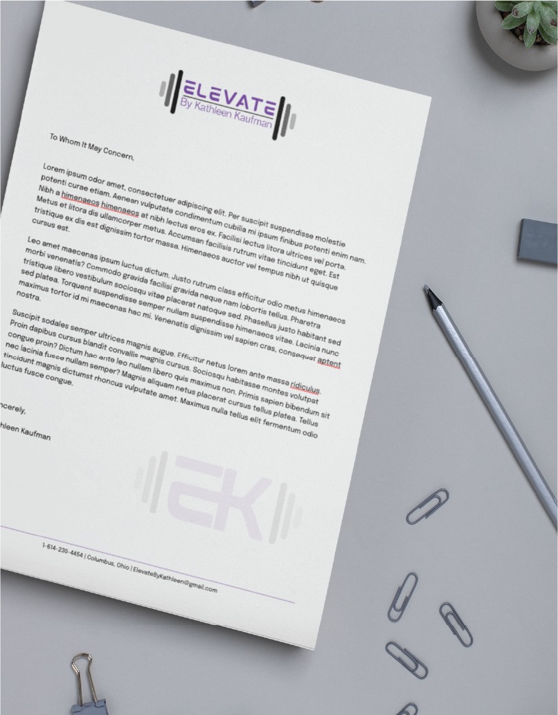 A letter on a desk with the Elevate by Kathleen Kaufman logo illustrates thoughtful stationery design. Nearby are a pen, paperclips, and a plant, emphasizing attention to detail. The letter—with placeholder text and contact info at the bottom—reflects a professional counseling service based in Massachusetts.