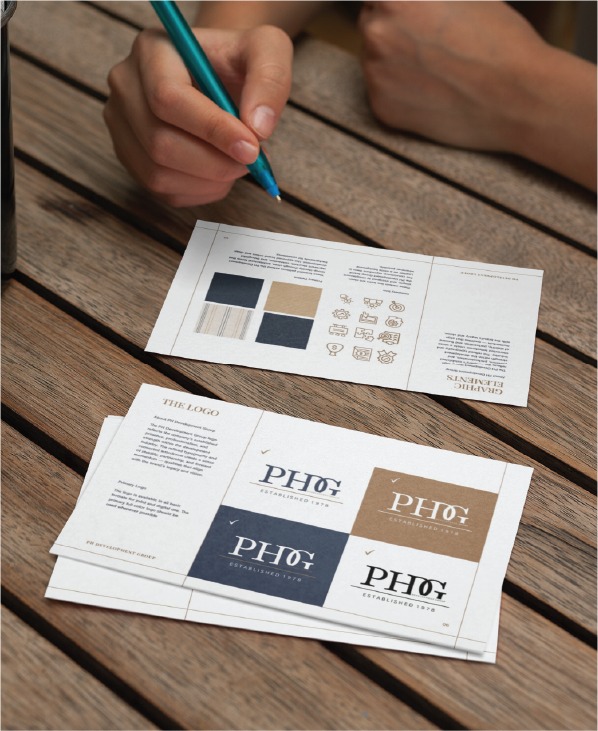 A person writes on a printed brand guideline sheet featuring color swatches, logo designs, and icons related to stationery design, all placed on a wooden table.