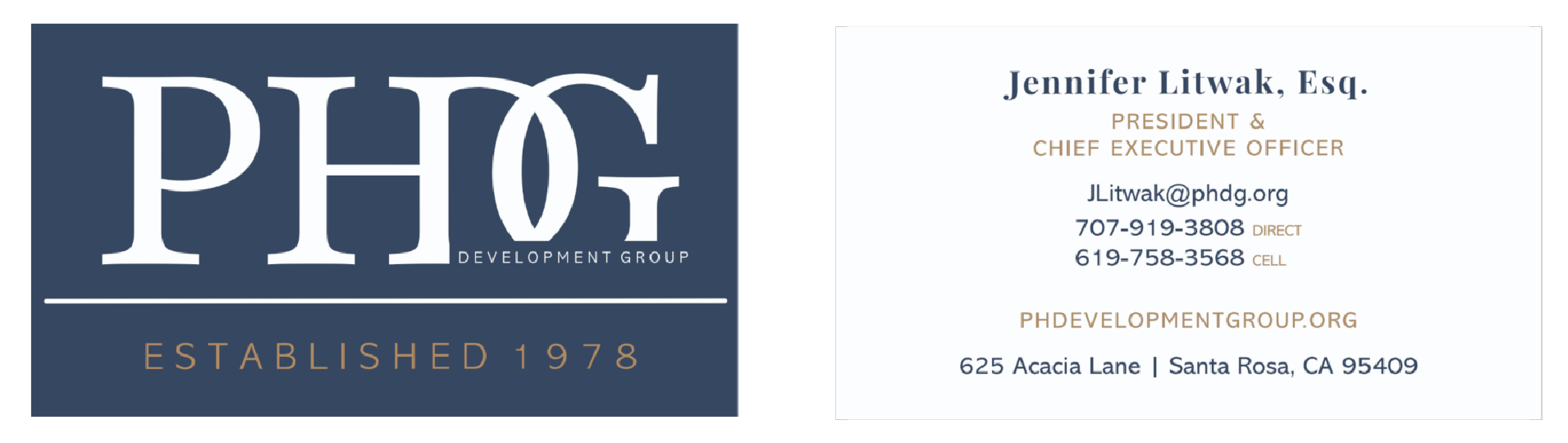 custom business card design for development group | Moonlit Media LLC A business card for Jennifer Litwak, Esq., President & CEO of PHG Development Group. This elegant stationery design includes contact details, website, address, and a large PHG logo with Established 1978. Perfect for professionals across Ohio seeking a polished introduction, the card reflects an attention to detail that sets your brand apart.