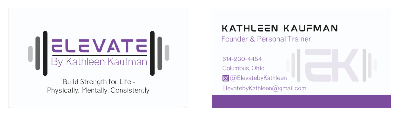 Two business cards for Elevate by Kathleen Kaufman, a personal training service based in Massachusetts. The design features gray barbells, purple accents, contact info, and social media details. The tagline reads: Build Strength for Life. Perfect for those seeking exceptional stationery design that reflects professionalism and commitment.
