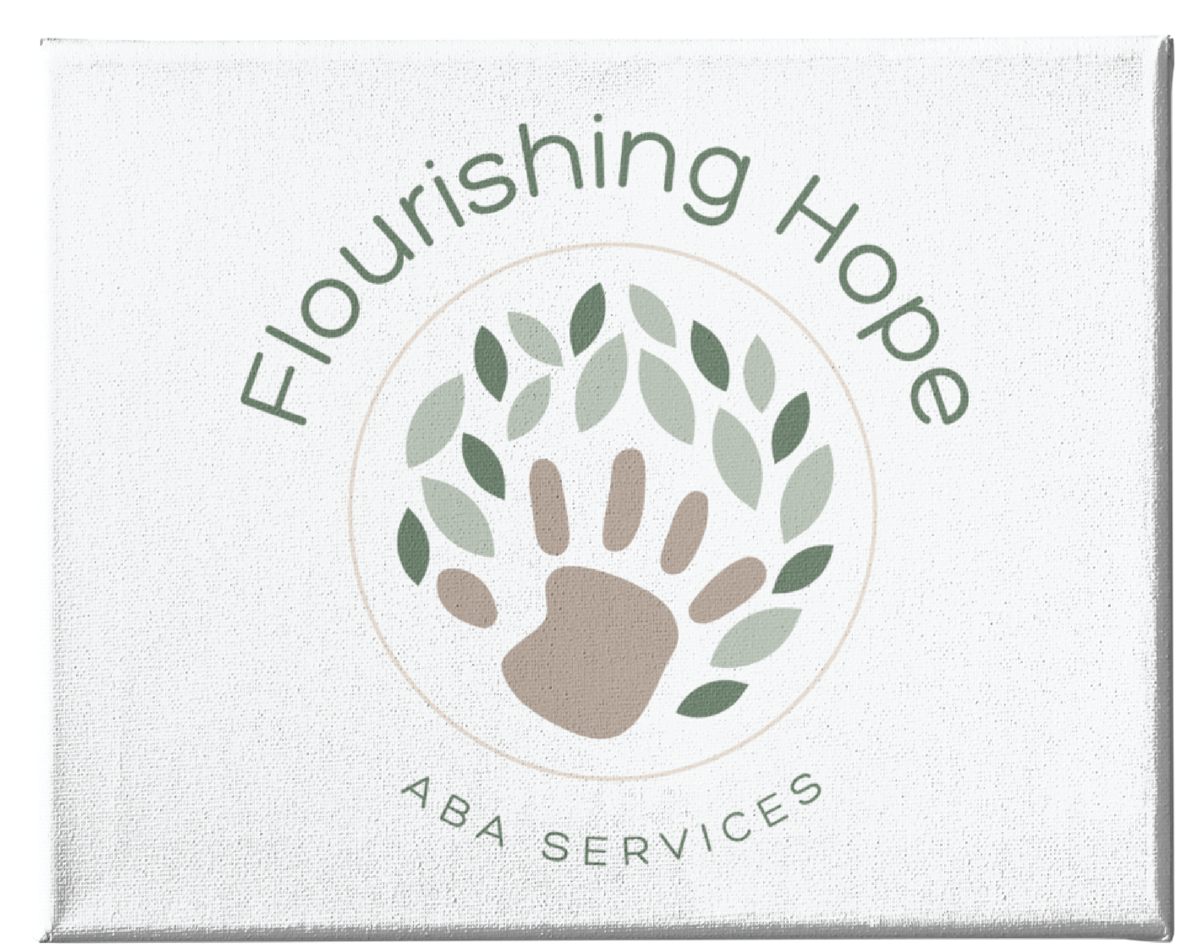 Logo design for Flourishing Hope ABA Services, a Children’s Therapist in Virginia, featuring a brown handprint surrounded by a circular wreath of green and gray leaves on a white background.